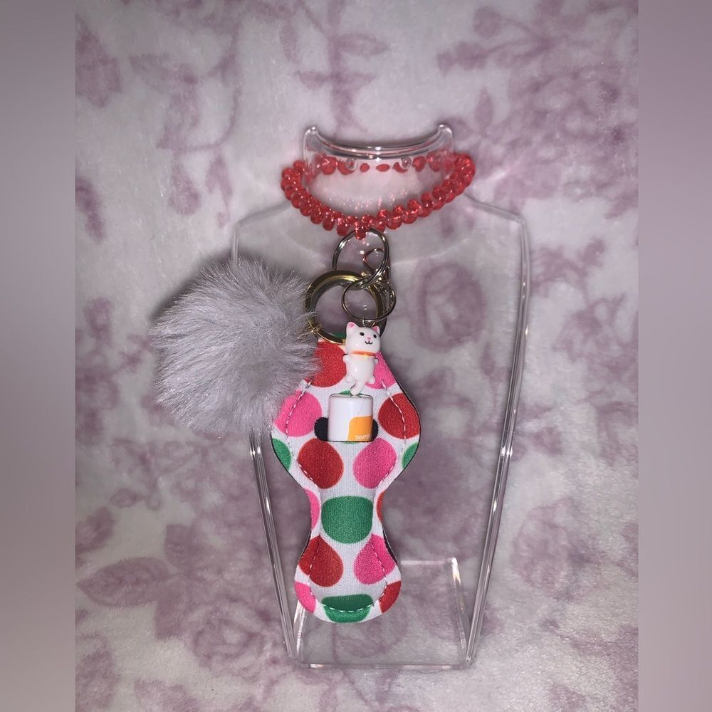 Polka Dot Chapstick Holder Keychain Set